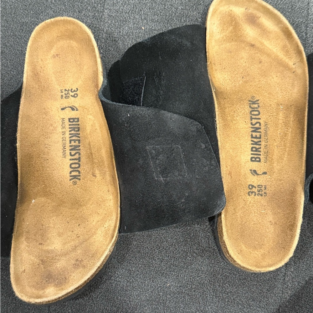Birkenstock Black Suede Slides with Tan Footbed - Picture 4 of 7